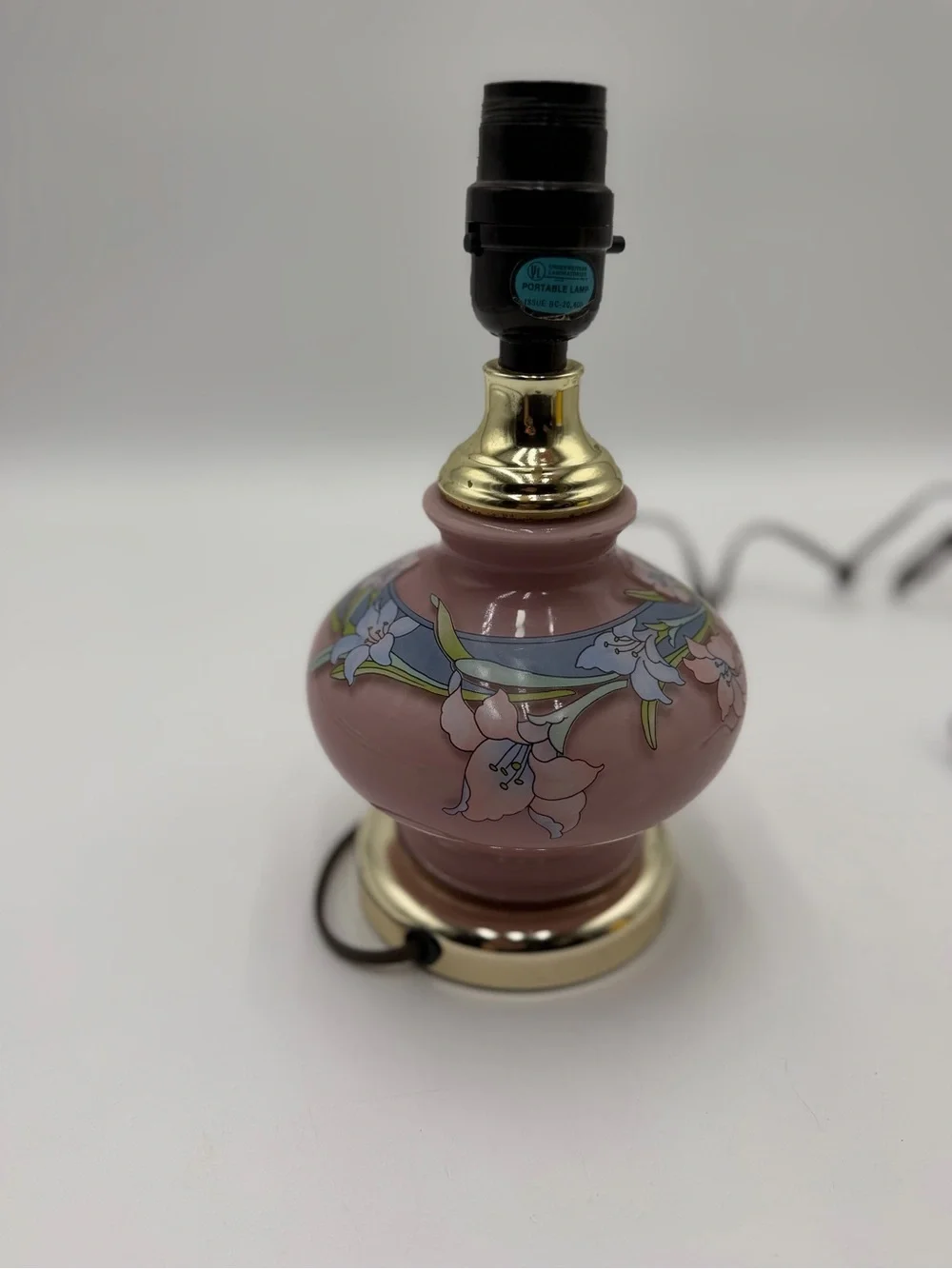 Vintage Kaadan Ltd Electric Table  Lamp Pink with Pink & Blue Lilies 10